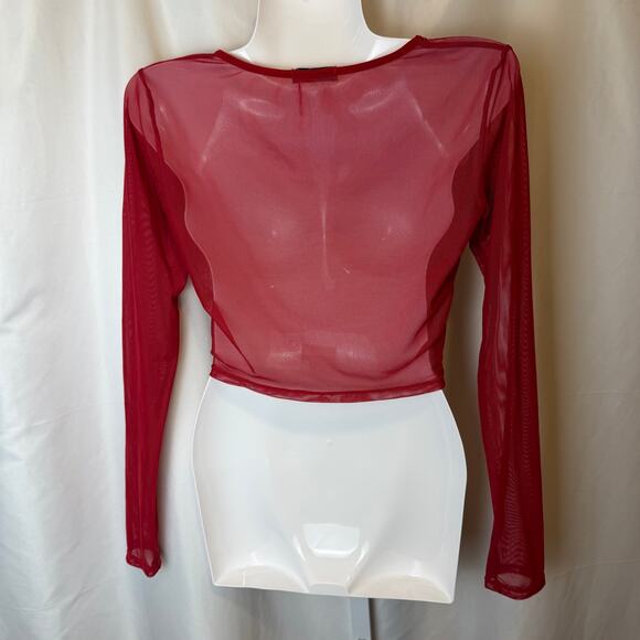 Adome Red Sheer Mesh Crop Top Long Sleeve Shirt Y2K Rave Clubwear Festival Small - Picture 2 of 3